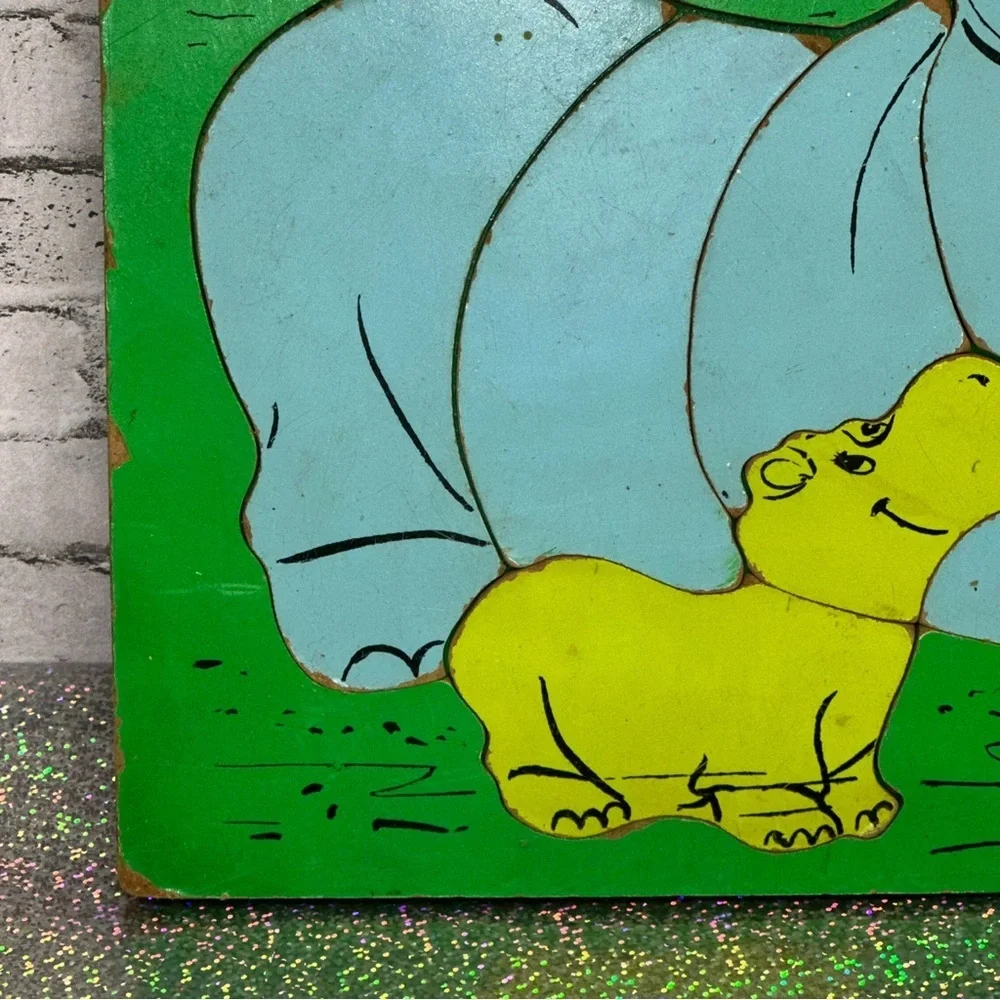 Playskool Vintage HIPPO Wooden 7 Pieces Puzzle Heavy Jigsaw Preschool COMPLETE